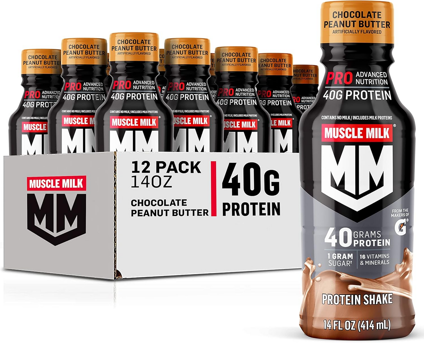 Muscle Milk Pro Advanced Nutrition Protein Shake, 14 Fl Oz Bottle, 12 Pack, 40g Protein, 1g Sugar, 16 Vitamins & Minerals, 6g Fiber, Workout Recovery, Packaging May Vary