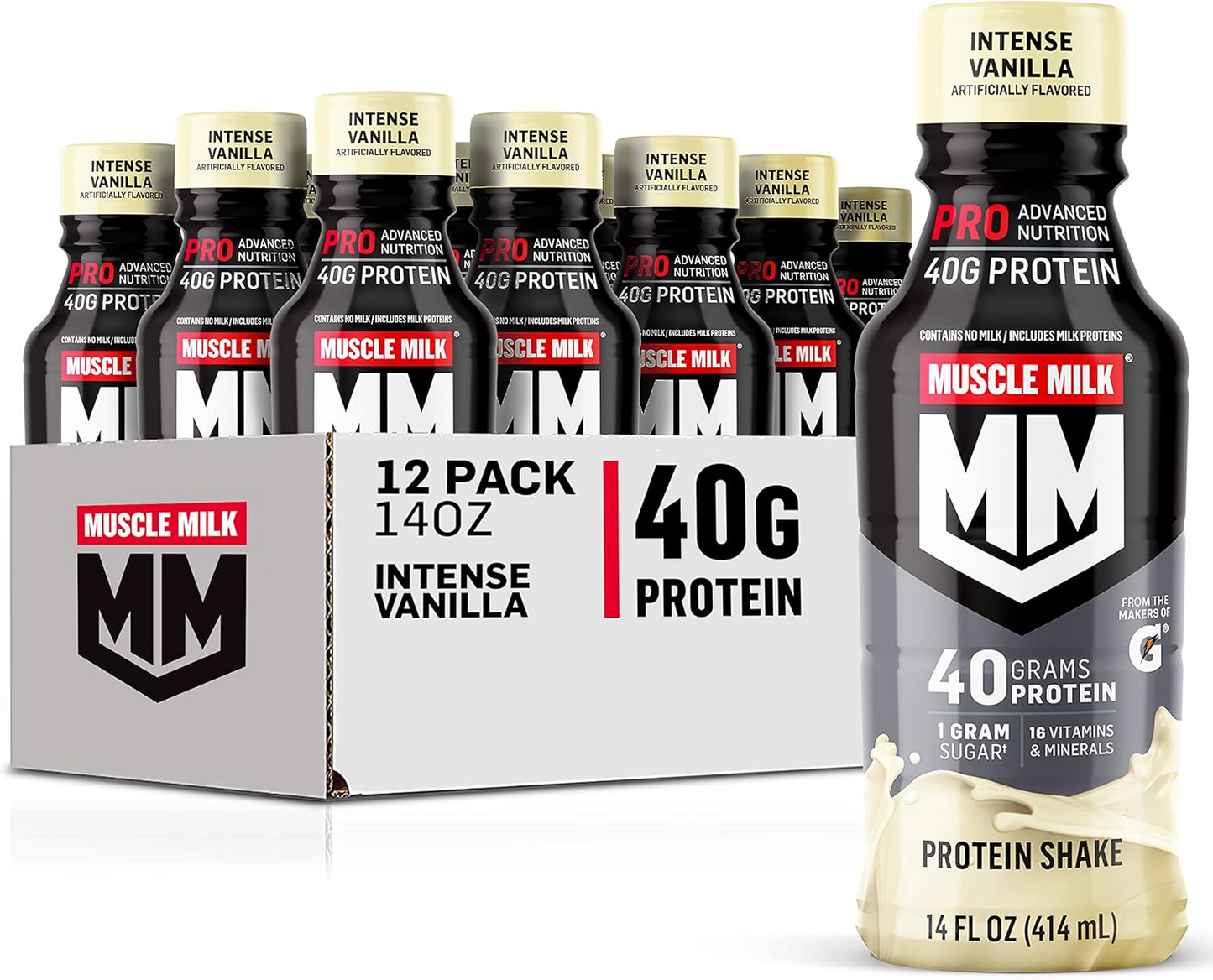 Muscle Milk Pro Advanced Nutrition Protein Shake, 14 Fl Oz Bottle, 12 Pack, 40g Protein, 1g Sugar, 16 Vitamins & Minerals, 6g Fiber, Workout Recovery, Packaging May Vary